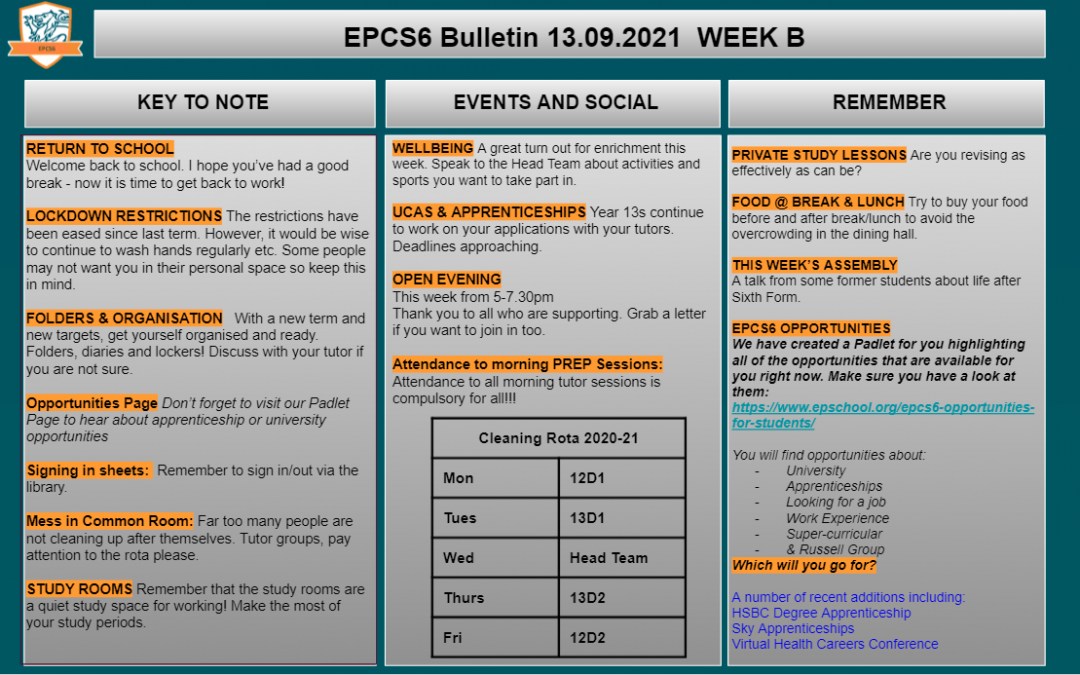 W/c 13.07 Sixth Form Bulletin Week B