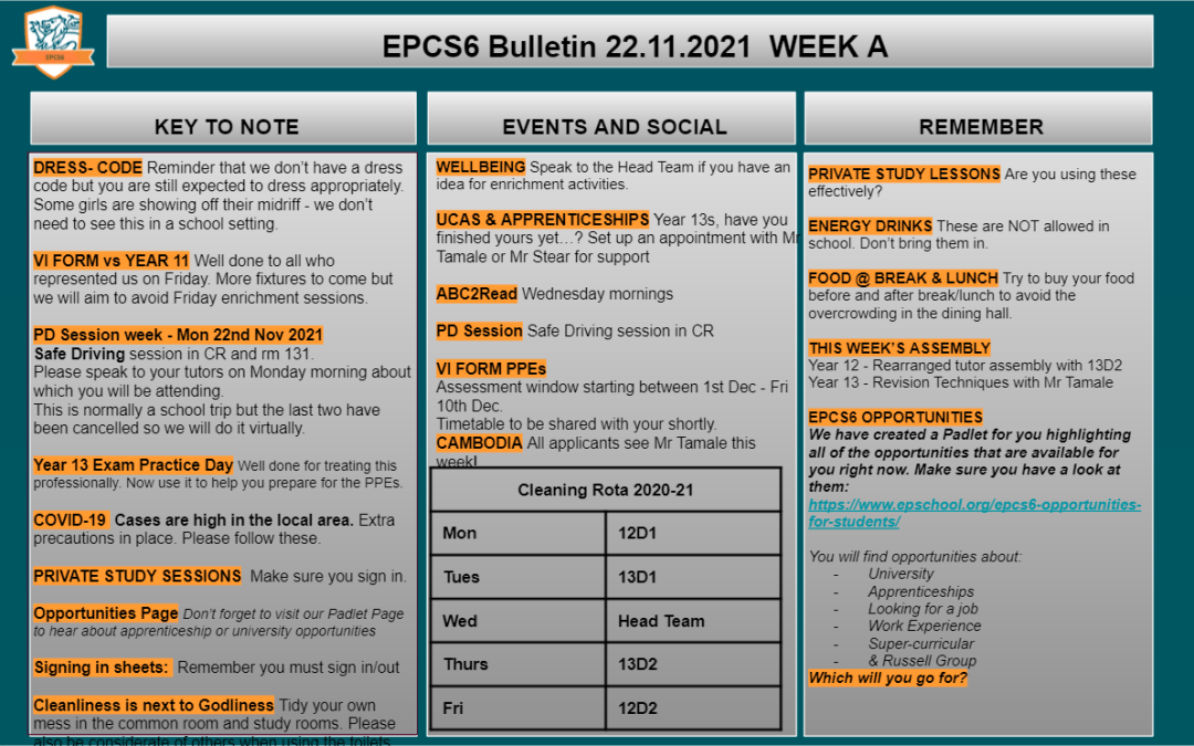 W/c 22.11 Sixth Form Bulletin Week A