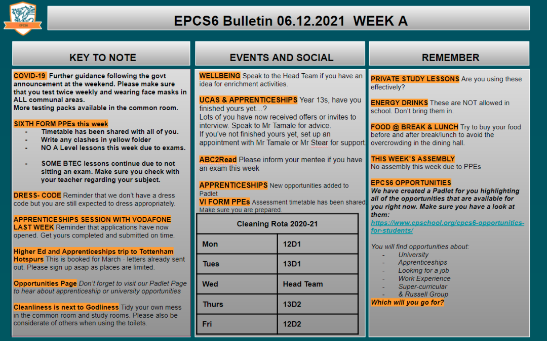 W/c 06.12 Sixth Form Bulletin Week A