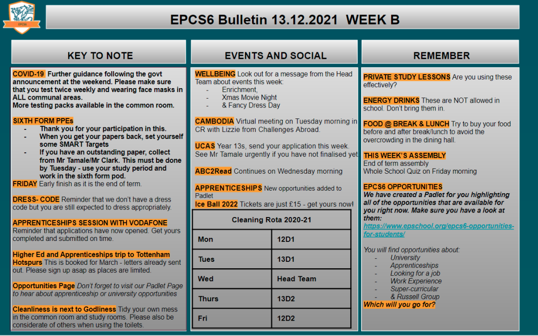 W/c 13.12 Sixth Form Bulletin Week B