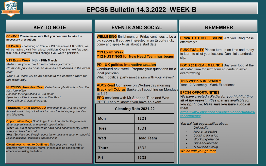 W/c 14.03.2022 Sixth Form Bulletin Week B