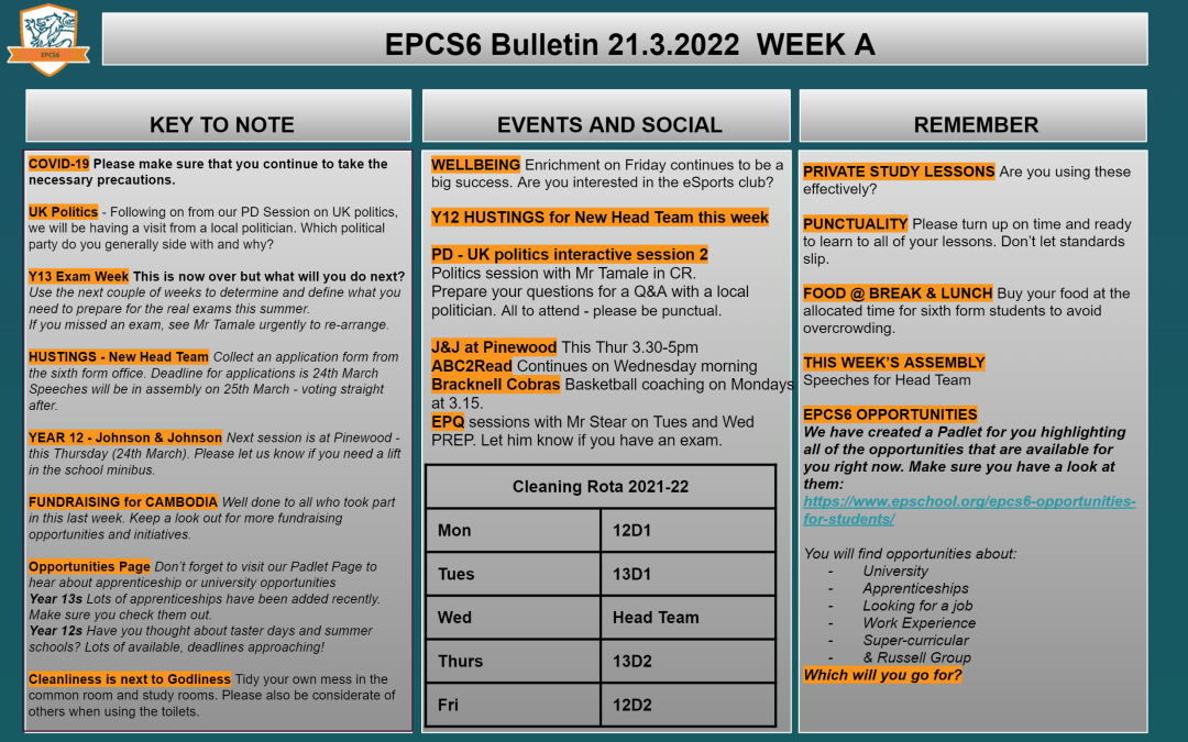 W/c 21.03.2022 Sixth Form Bulletin Week A