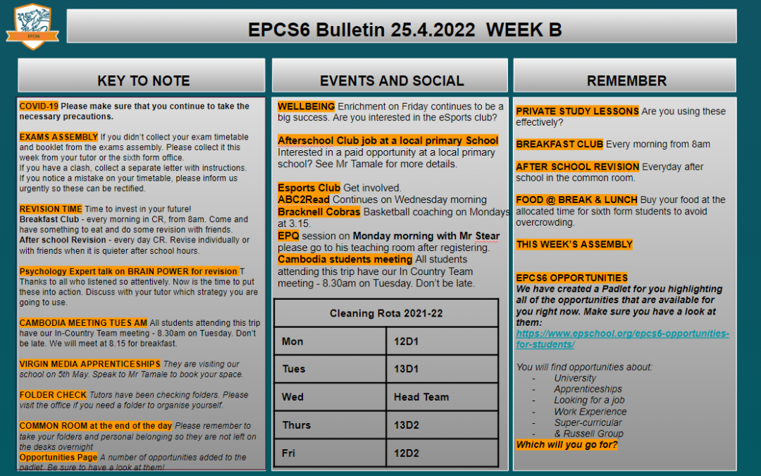 W/c 25.04.2022 Sixth Form Bulletin Week B