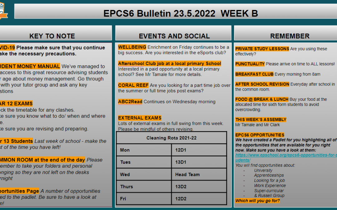 W/c 23.05.2022 Sixth Form Bulletin Week B