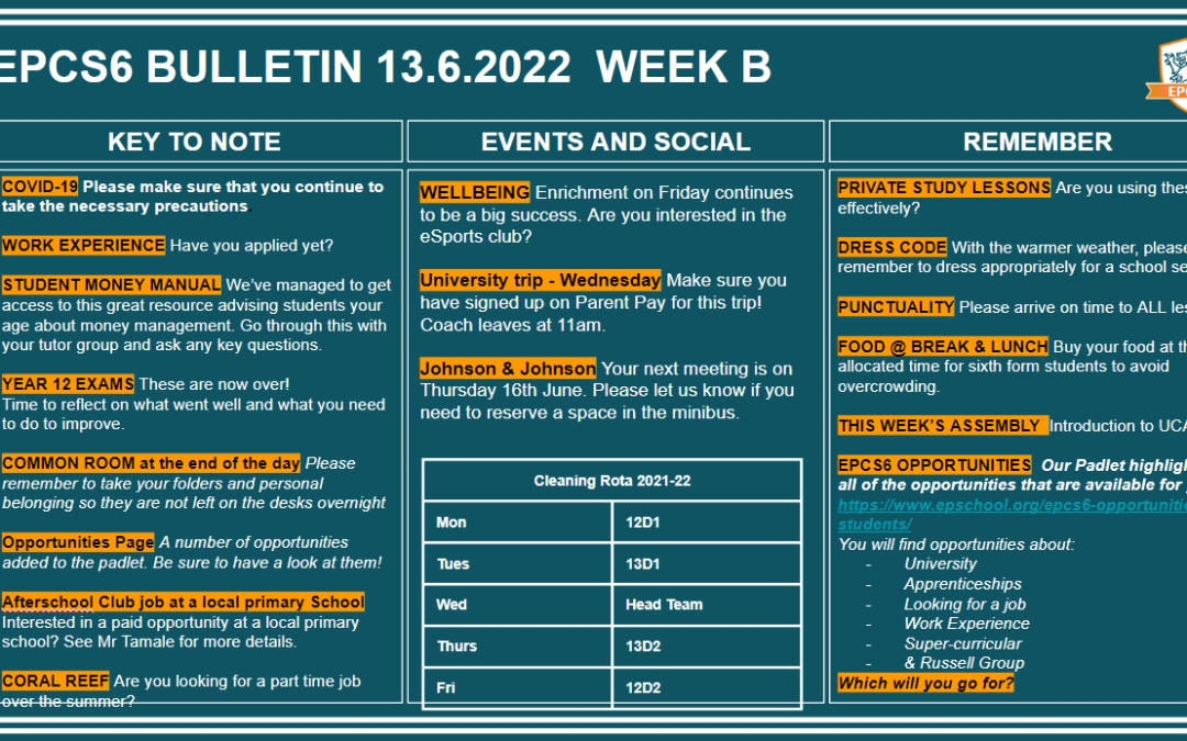 W/c 13.06.2022 Sixth Form Bulletin Week B