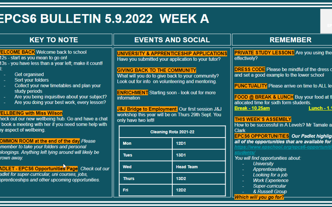 W/c 05.09.2022 Sixth Form Bulletin Week A