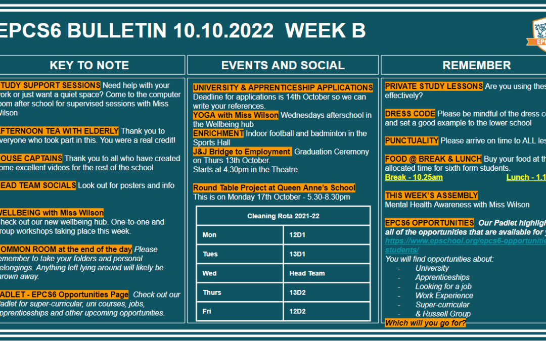 W/c 10.10.2022 Sixth Form Bulletin Week B