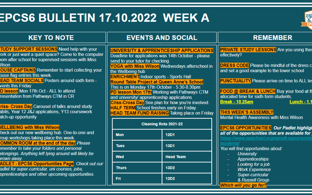 W/c 17.10.2022 Sixth Form Bulletin Week A