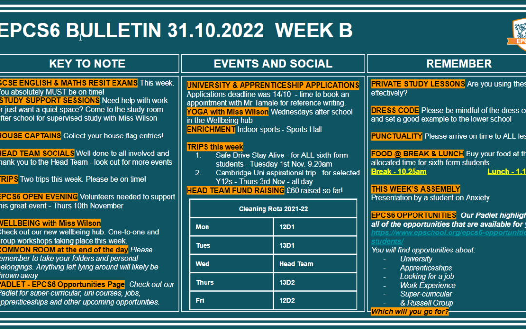 W/c 31.10.2022 Sixth Form Bulletin Week B